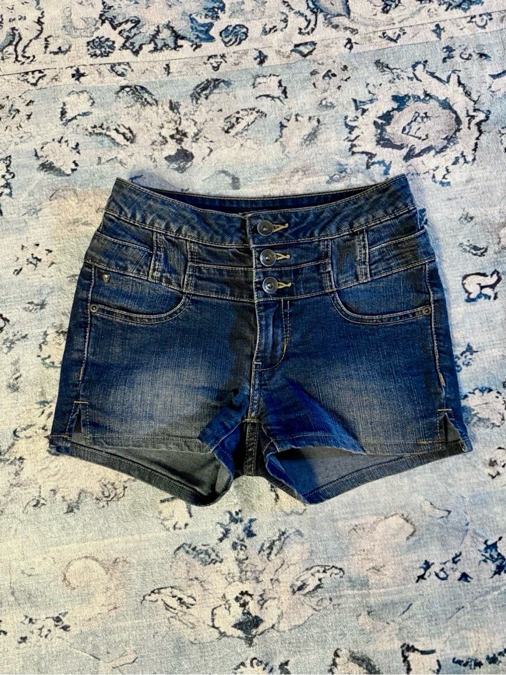 High-Waist Dark Blue Denim Micro Shorts with Triple Button
